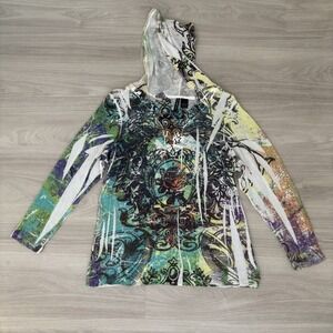 Saint Tropez West Sweater Womens XL Flower Hooded Pullover White Multicolor